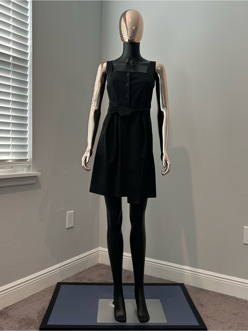 Theory Black Square-Neck Mini Dress with Tie Belt
